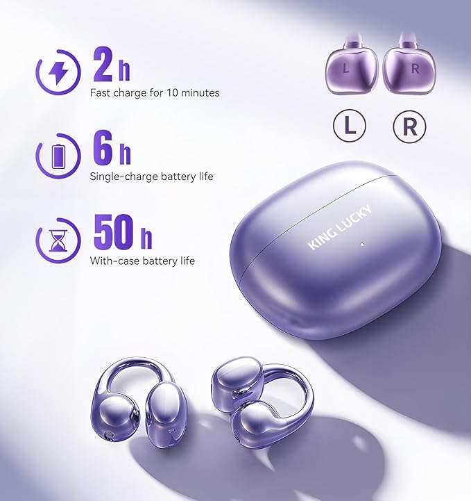 King Lucky Clip on Earbuds Open Ear Wireless Bluetooth 5.4 Headphones with Mic, 50H Play, Noise Cancelling, Waterproof, Comfortable for Small Ears & Glasses Wearers, Sports, Workouts, Purple