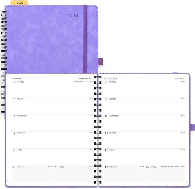 POPRUN 2026 Planner Weekly Notebook Calendar (Jan-Dec), Large Size 8.5'' x 10.5'' - Agenda 2026 Appointment Book with Monthly Tabs, Inner Pocket, Spiral Soft Cover, 100 GSM TJ - Lilac
