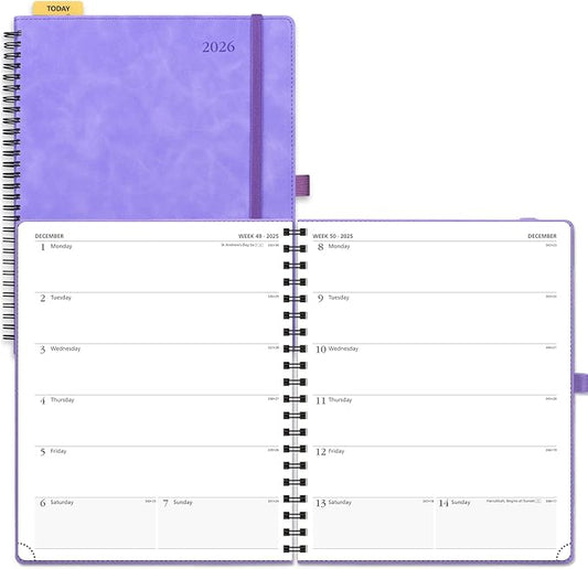 POPRUN 2026 Planner Weekly Notebook Calendar (Jan-Dec), Large Size 8.5'' x 10.5'' - Agenda 2026 Appointment Book with Monthly Tabs, Inner Pocket, Spiral Soft Cover, 100 GSM TJ - Lilac