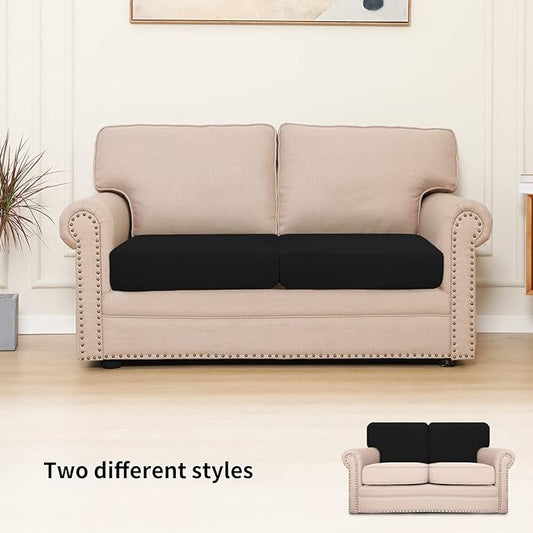 Easy-Going Stretch Individual Loveseat Couch Cushion Cover Sofa Cushion Furniture Protector Sofa slipcover Soft Flexibility with Elastic Bottom (2-Piece Loveseat Cushion Cover, Black)