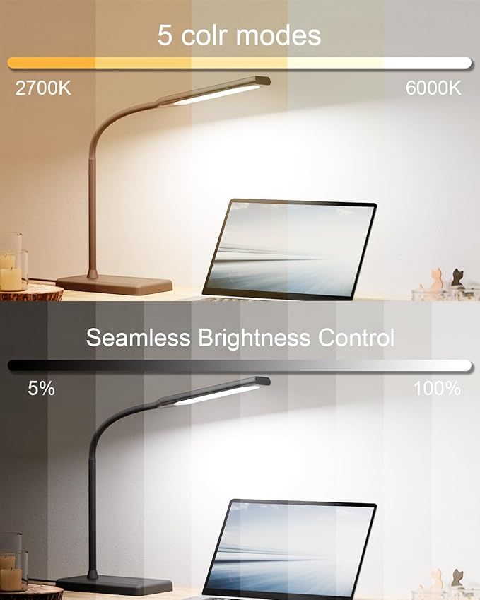 LED Desk Lamp Touch Control Desk Lamp with USB Charging Port 5 Color Modes 6 Brightness Levels Dimmable Eye-Caring Office Lamp with Memory Function 1h Timer Adjustable Gooseneck Table Lamp
