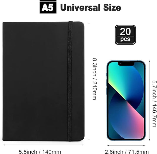 Honoson 20 Pack Lined Journal Notebooks A5 Hardcover Executive Notebook 5.5" x 8.3" PU Leather Wide Ruled Journals Bulk with Elastic Band for Home Business Office School Supplies(Black)
