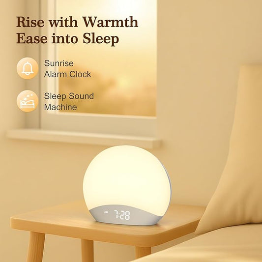 REACHER Sound Machine Sunrise Alarm Clock with Night Light, 26 Nature Inspired Sleep Sounds, 0-100% Dimmable Clock, Sunrise Lamp, Wake Up Light, Brown/Pink/White Noise Machine for Babys, Adults, Kids
