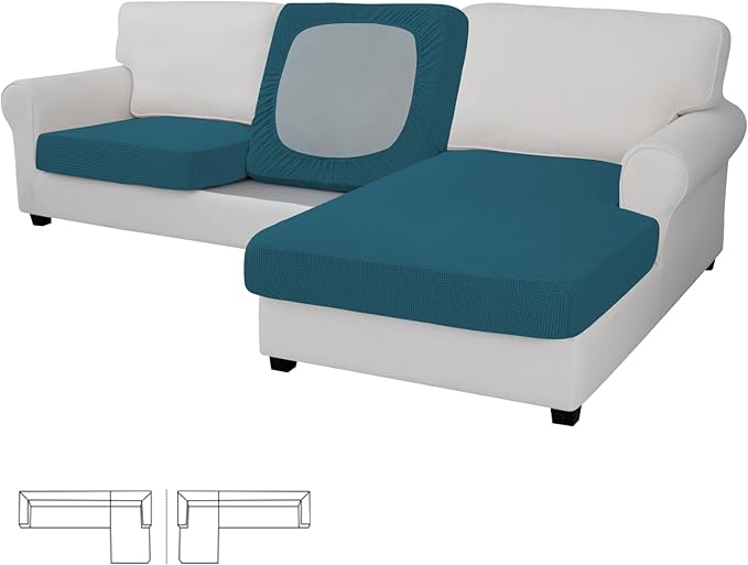 Easy-Going Stretch 3 Pieces Couch Cushion Covers for Sectional Sofa Left/Right L Shape Chaise Lounge Sofa Seat slipcover Anti-Slip Sofa Cover Soft (2 Seater + 1 Chaise, Peacock Blue)