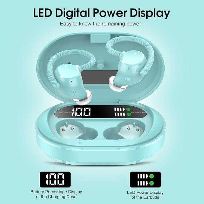 Wireless Earbuds, 2023 New Ultralight Sport Bluetooth 5.3 Headphones In Ear with LED Display, Built-in Mic Earphones, IPX7 Waterproof Wireless Headphones with Earhooks for Gym Workout (Blue)