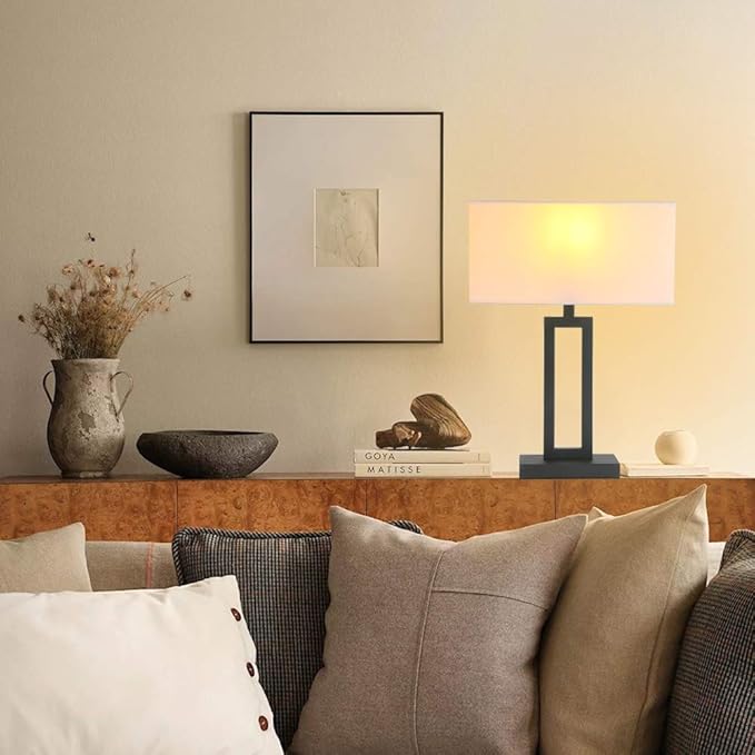 Yosoan White Indoor Table Lamp Bedside Nightstand Desk Lamp, Dimmable On Off Switch Black 65.8" Power Cord Cutout Rectangular White Fabric Shade for Bedroom Hotel Study