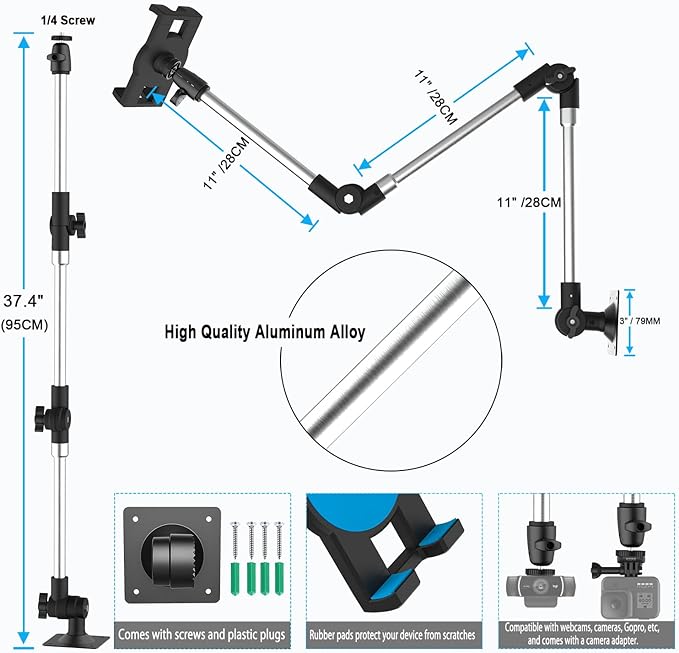 Metal Long Arm Tablet Wall Mount Holder [Aluminum Arm 37"] Adjustable Wall Tablet Stand with Foldable Arm for iPad Pro Air Mini, Galaxy Tab, Surface, Switch, Fire, iPhone, 4-12.9"