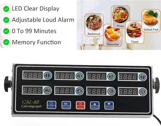 8-Channel Digital Kitchen Timer, Stainless Steel Commercial Restaurant Timer with Adjustable Loud Alarm & Waterproof Keypad for Home Restaurant Kitchen