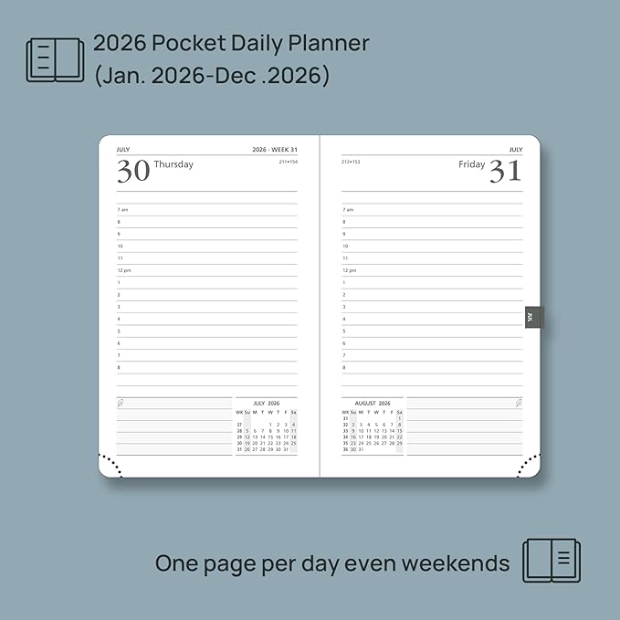 POPRUN 2026 Daily Planner One Page Per Day A6 Size Calendar (4.25" x 6.25") - 12 Months Hourly Appointment Book with Hardcover, Monthly Tabs, Pocket, Pen Holder - Light Pink