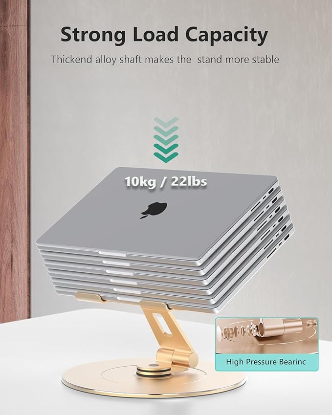 Ultra-Stable Aluminumy Swivel Laptop Stand for Desk with Rotating Foldable Phone Holder, 300% Large Base Stability, Anti-Loosening,Suitable for 10"-17.3" Laptops, Champagne Golden