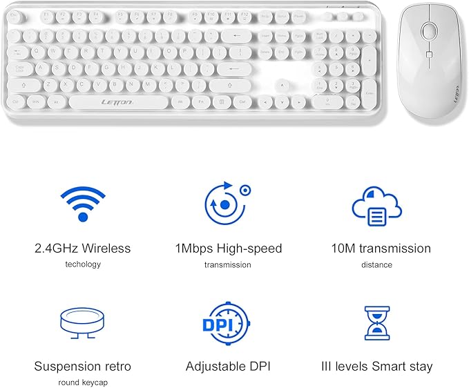 Wireless Keyboard Mouse Combo, 2.4GHz White Wireless Keyboard Typewriter, Letton Full Size Office Computer Retro Keyboard and Optical Cute Mouse with 3 DPI for Mac PC Desktop Laptop