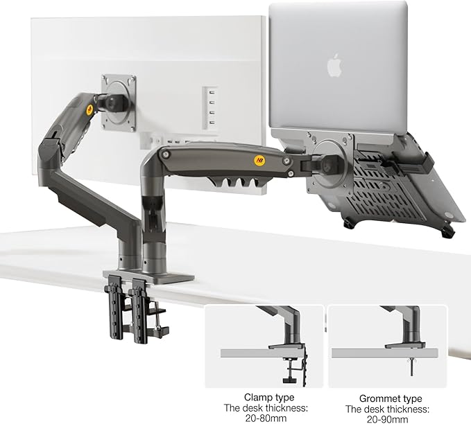 NB North Bayou Laptop Mount with Adjustable Tray for 10-17”Notebook, Full Motion Arm with VESA Plate for 17-30”Monitor,Clamp-on Grommet Mounting F160-FP (Black)