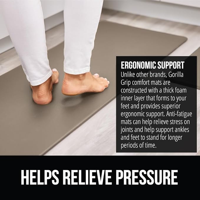 GORILLA GRIP 2 Pack Comfortable Cushioned Kitchen Mats for Floor, 17x24 + 17x48, Waterproof and Stain Resistant, 1/2 Inch Thick Soft Ergonomic Standing Desk Anti Fatigue Mat, Foam Supports Feet, Beige