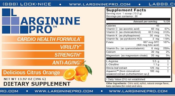 L-ARGININE PRO | 5,500mg L-Arginine Plus L-Citrulline 1,100mg Orange Powder Drink Mix Supplement for Increased Nitric Oxide Production
