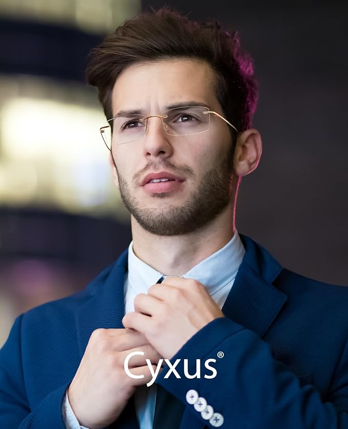 Cyxus Titanium Small Rectangle Glasses for Men Blue Light Blocking Eyewear Ultralight Anti Eye Strain Rimless Eyeglasses Reduce Headache Gunmetal Frames
