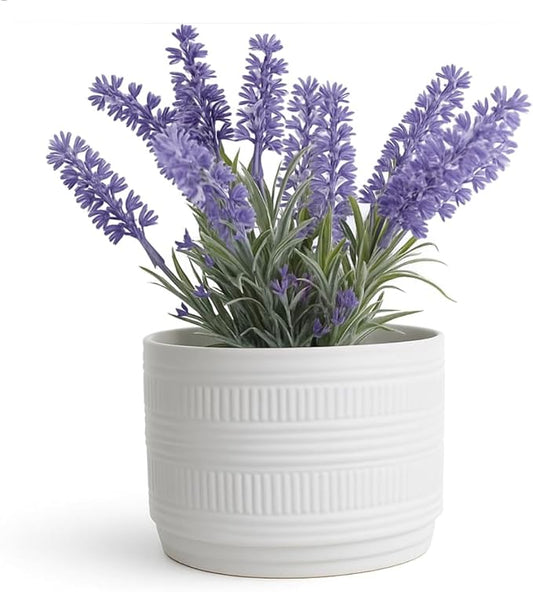 Kurrajong Farmhouse Large Fake Lavender Plant | 9" high Artificial Lavender Plant in White Matte Ceramic Pot | Pretty Faux Plant Desk Decor