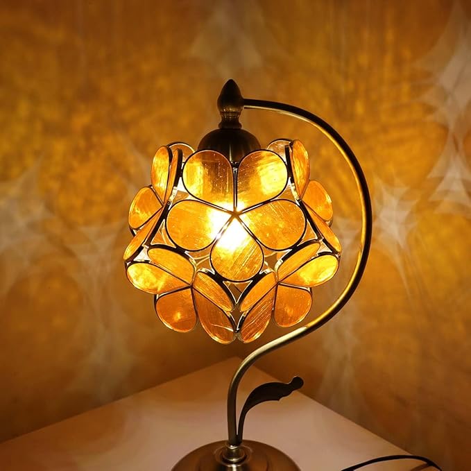 Bieye L10909 Tiffany Style Stained Glass Flower Petal Table Lamp with Brass Base for Home Décor (Orange Transparent, 8" Cherry Blossom)