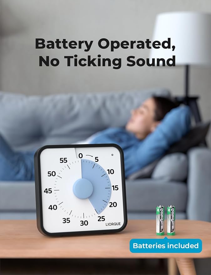 LIORQUE 60 Minute Visual Timer for Kids and Adults, Non-Ticking 7.5 Inch Large Visual Countdown Timers for Classroom Desk Countdown Clock with Magnetic Backing, Kids Pomodoro Timer Clock