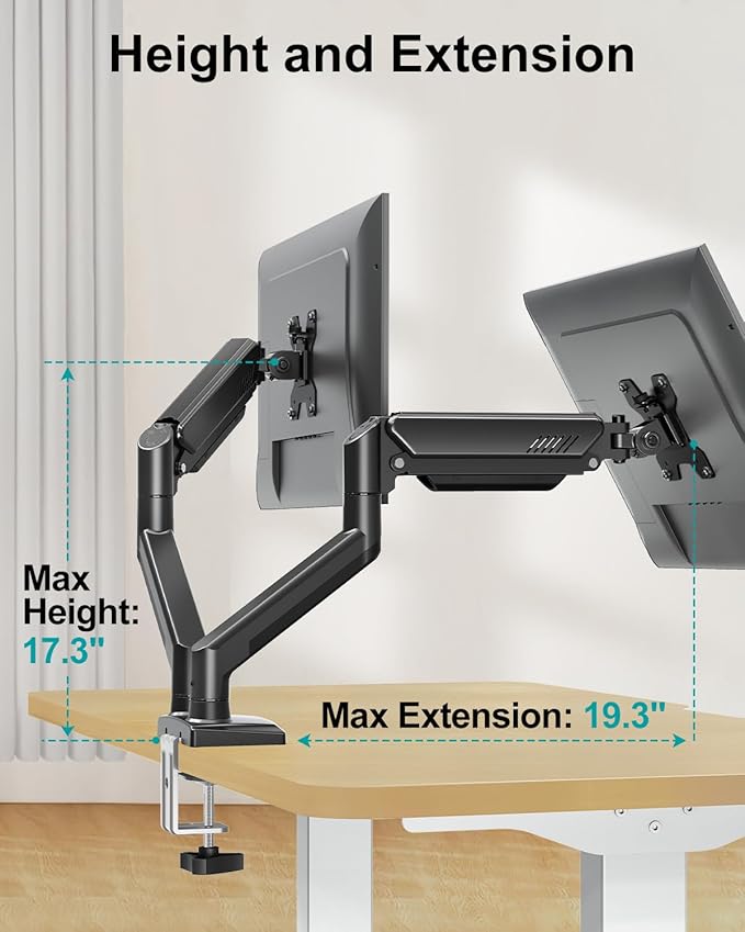 Dual Monitor Arm Desk Mount Fits 13 to 32 inch Computer Screens, Holds 4.4 to 22lbs Display VESA Mount, Adjustable Double Monitor Stand with Clamp/Grommet Base, 75/100mm Bracket, Black, Freelift