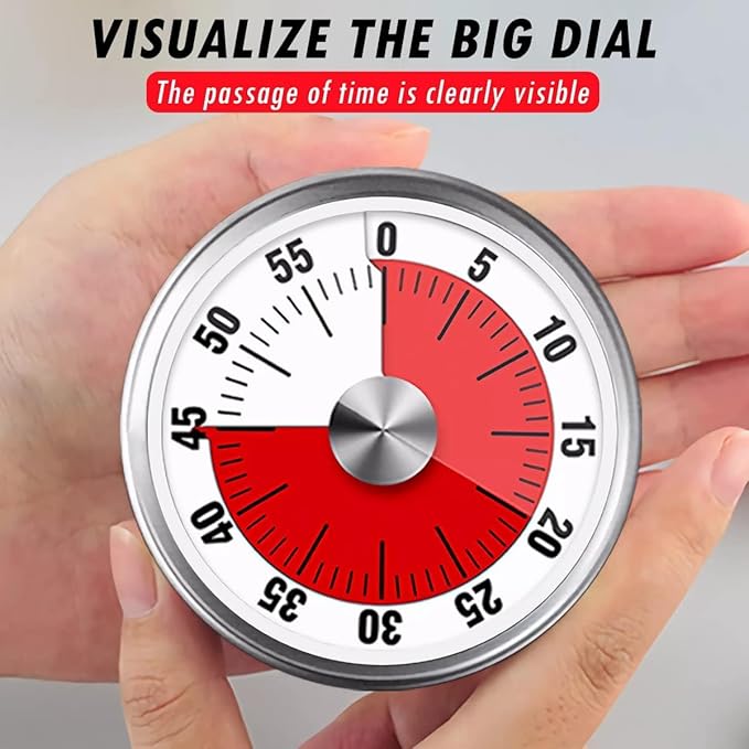 Visual Kitchen Timer for Cooking and Kids with Loud Alarm, Classroom Timers for Desk, No Batteries Required, Mechanical Desk Timer, Magnetic Egg Timer for Study, Chef Clock, Stainless Steel, Countdown