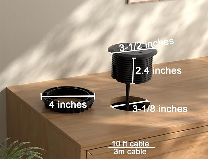 2PCS 3 Inch Desktop Power Grommet,10ft Cord,20W USB C Fast Charging Station,3-USB Port,Flush Mount.Round Recessed Power Strip Desk Hole Grommet Outlet for Workspace,Sofa,Black