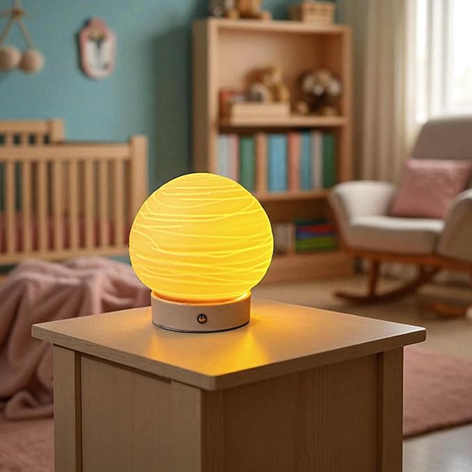 JHY DESIGN 3 Colors Bedside Rechargeable Table Lamp 6.5" H Globe Shade Battery Operated Desk Lamp Translucent Ceramics Dimmable LED Touch lamp for Living Room Bedroom Cafe Outdoors Kids Room(Planet)