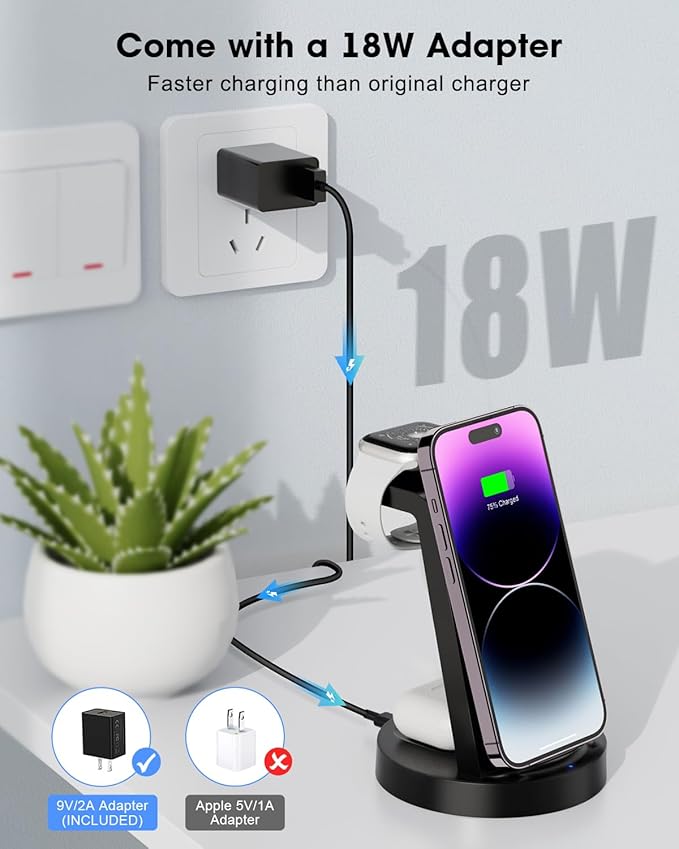 3 in 1 Charging Station for Apple Device, Wireless Charger for iPhone 16e 16 15 14 13 12 11 Pro Max & Apple Watch iwatch- Charging Stand Dock for AirPods