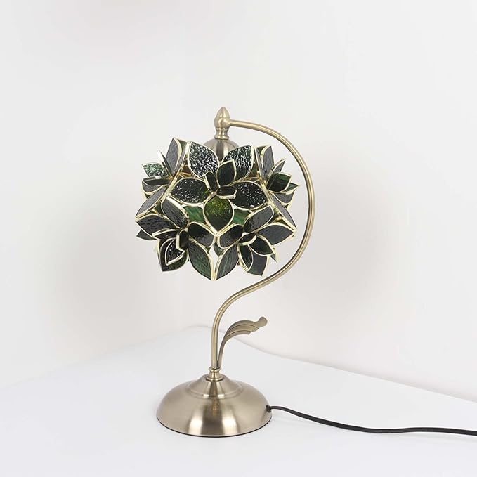 Bieye L11044 Tiffany Style Stained Glass Flower Petal Table Lamp with Brass Base for Home Décor (Green, 8" Rose Lily)