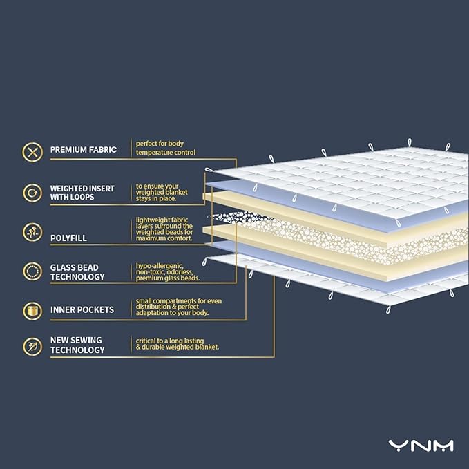 YnM Exclusive Weighted Blanket, Soothing Cotton, Smallest Compartments with Glass Beads, Bed Blanket for One Person of 140lbs, Ideal for Twin/Full Bed (48x72 Inches, 15 Pounds, Light Grey)