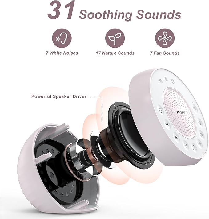 Housbay White Noise Machine with 31 High Fidelity Soothing Sounds, 5W High Power Loud Enough Speaker, Easy Volume Control, Sleep Timer, Sound Machine for Baby, Kids, Adults, Light Sleeper