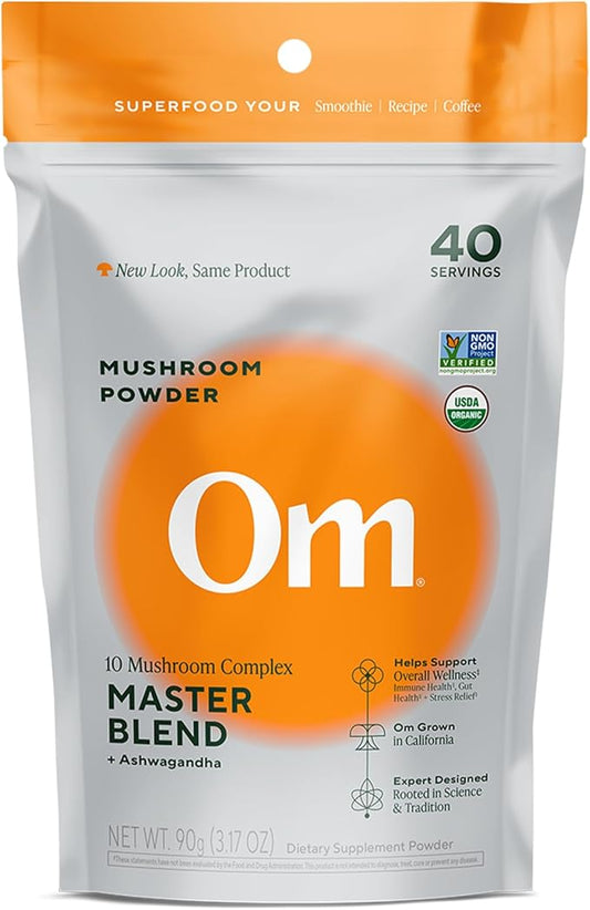 Om Master Blend Mushroom Powder – Organic Mushroom Supplement with 10 Mushrooms and Ashwagandha - Support Immunity, Gut Health & Stress Relief, 3.17 oz (40 Servings)