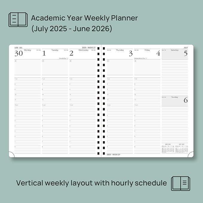 POPRUN Planner 2025-2026 (Large - 8.5'' x 10.5'') Academic Weekly Calendar (July 2025 - June 2026) with Hourly Time Slots, Monthly Tabs, 100GSM Thick Papers, Spiral Leather Cover - Grey