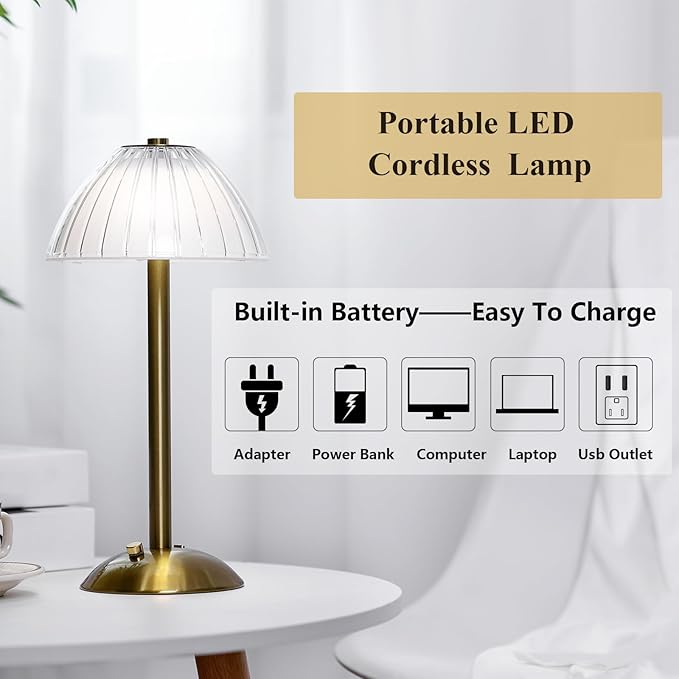 Liliful 6 Pcs LED Portable Cordless Table Lamp Touch Battery Operated Rechargeable Desk Lamp 3 Color Dimmable for Bedroom Living Room Dining (Mushroom Style,Gold)
