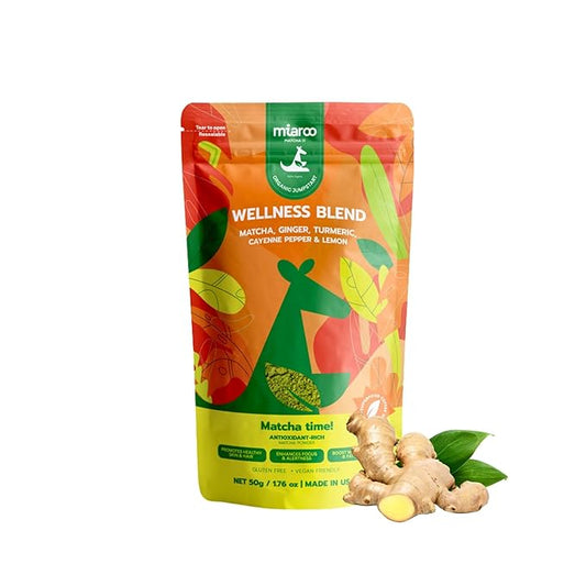 Spicy Ginger Shot with Matcha & Turmeric | Superfood Blend for Gut Health, Immune Support, Detox, Natural Energy & Metabolism | 50g, 25 Servings, 20mg Caffeine, Zero Calories | Miaroo Matcha