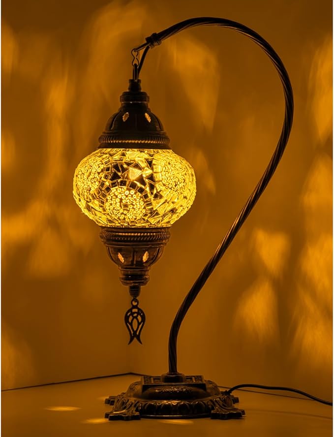 Kafthan Turkish Moroccan Mosaic Lamp – Handmade Glass Swan Neck Bedside Lamp with Antique Brass Base, Ideal Decor for Bedroom, Office, Living Room – Bulb Included (White Triple Circles)