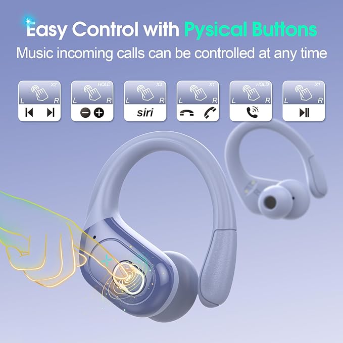 Wireless Earbuds 75hrs Bluetooth 5.4 Headphone Sport, 2025 Bluetooth Earbuds Stereo Deep Bass Over Ear Bud with Earhooks, ENC Noise Cancelling Mic, IPX7 Waterproof Earphone, Purple Blue