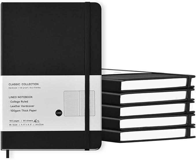 Coopay 6 Pack A5 Journal Notebooks Bulk, 160 Pages, 100GSM Thick Paper, 8.3 x 5.5 inch Hardcover Lined Leather Journals for Writing Office School Business,Bulk Notebook for Work Men Women (Black)