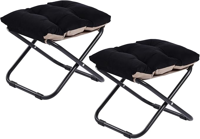 LITA Folding Footrest Stool, Portable Ottoman Foot Rest, Upholstered Small Foldable Ottoman with Detachable Thick Cotton Cushion Padded Sofa Stool for Living Room, Bedroom, Velvet Black Set