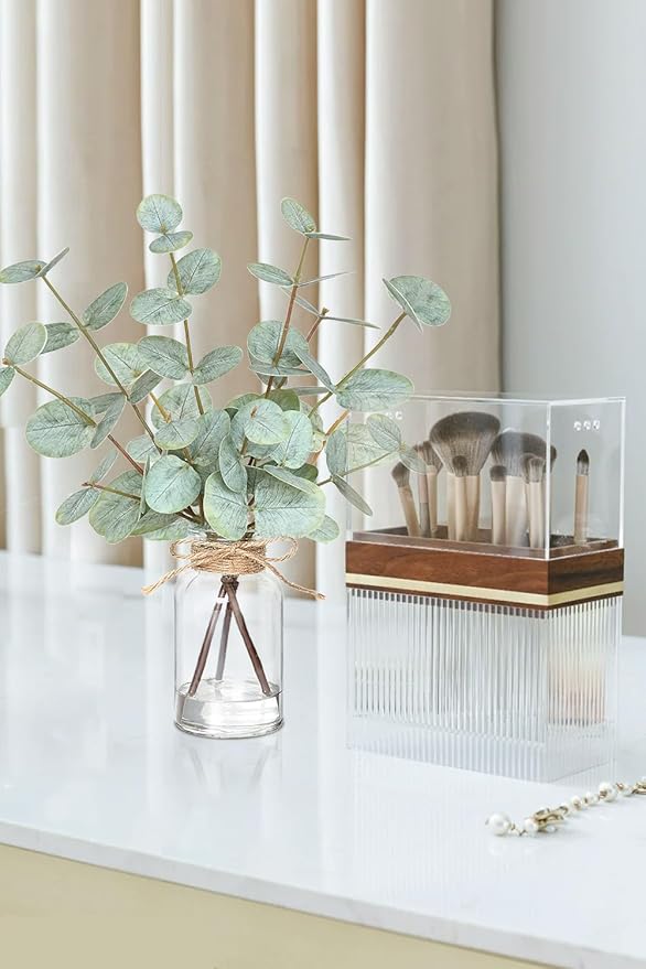 Fake Eucalyptus Stems in Vase with Faux Water,Artificial Plants Eucalyptus Leaves for Shelf Desk Bathroom Farmhouse Room Coffee Table Faux Greenery Plants Decorations (Green)