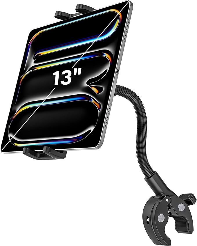 Spin Bike Tablet Holder - Metal Gooseneck Treadmill Tablet Mount, Anti-Shake Elliptical Handlebar Clamp for iPad Pro 13 12.9 Mini Air, Tab, Z Fold, 4-13" Devices
