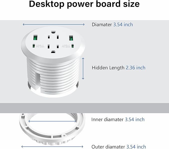 Desktop Power Grommet,40W Fast Charging Station,2 AC Outlets,4 USB Ports,Flush Mount Power Grommet 3-inch Hole,2 PD 20W USB C Ports
