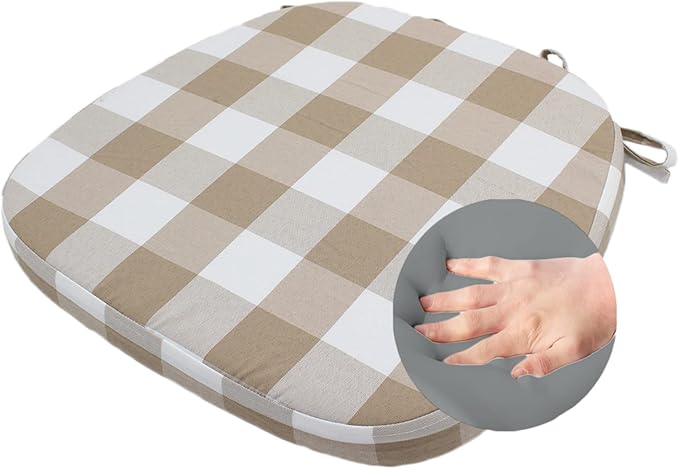 Chair Cushion with Ties for Dining Chairs - Memory Foam Non Slip Kitchen Chair Pad and Seat Cushion with Machine Washable Cover [16.5 x 16.2 Inches] - (Brown White,1)