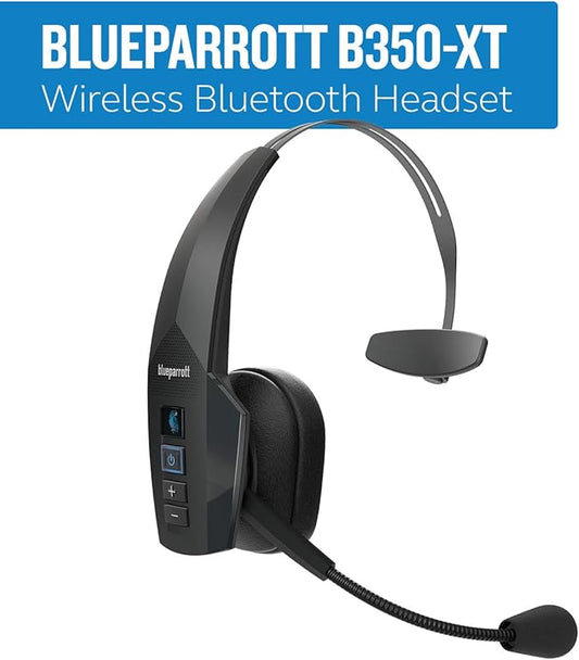 BlueParrott B350-XT Mono Bluetooth Wireless Headphones 96% Noise Canceling Over Head Trucker Headset with Mic, Adjustable Lightweight Headband, IP54-Rated Protection, 24 hrs. Talk Time, Black