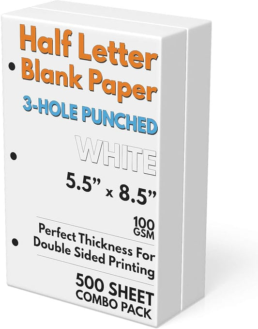 Half Letter Blank Paper, 3-Hole Punched, 500 Sheets/1,000 Pages, 100 GSM, Printer Paper Binder Refill, 5.5 in. x 8.5 in.