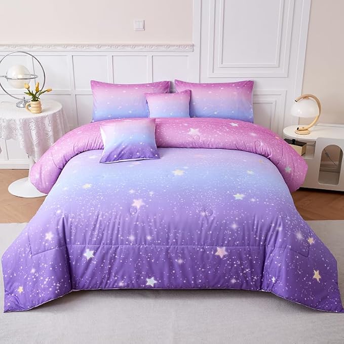 7PCS Purple and Pink Comforter Sets Full Girls Galaxy Comforter Full,Girls Bedding,Bed in a Bag with Flat Sheet and Fitted Sheet,Pillowcases,Cushions for Girl,Purple Bedding Sets