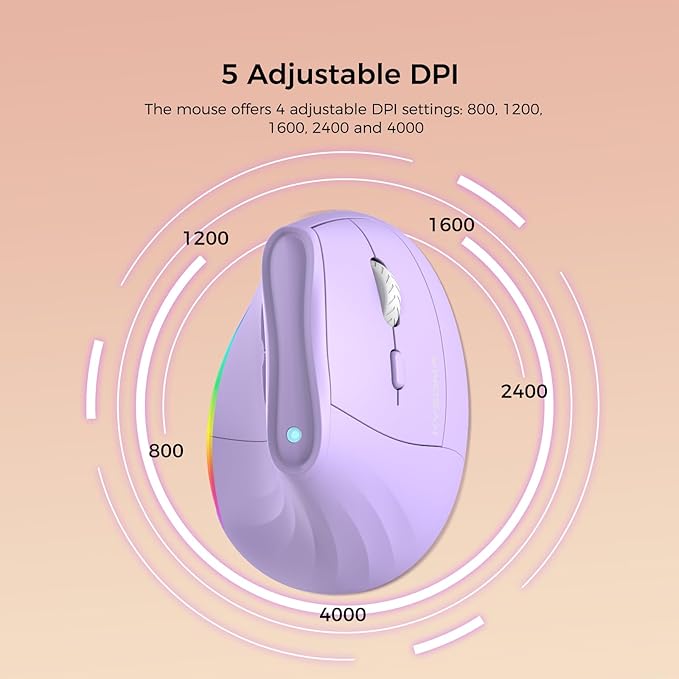57° Wireless Ergonomic Mouse, Vertical Mouse, Carpal Tunnel Mouse, RGB Light, Rechargeable, Bluetooth & 2.4G, 5-level DPI Adjustment, Quiet Click Ergo Mice Compatible with PC, Laptop, Mac, Pueple