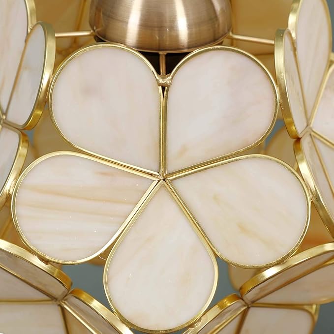 Bieye L10754 Tiffany Style Stained Glass Flower Petal Table Lamp with Brass Base for Home Décor (Cream, 8" Cherry Blossom)