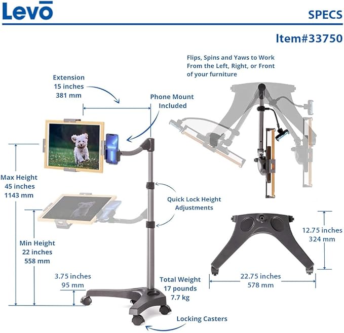 Levo V16 Tablet Floor Stand for iPads, iPad mini, New iPad Pro, Galaxy, Nexus, Xoom, Surface Pro, Miix, Nook, Fire, and Other Tablets and eReaders Black Color