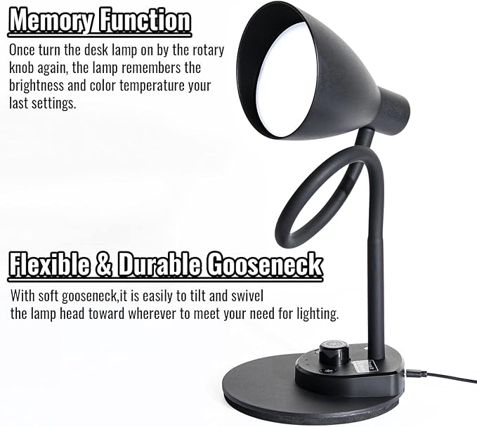 LED Desk Lamp, Desk Light with USB Charger, 3 Color Temperature and 20 Brightness Levels, Eye-Caring Metal Desk Light for Office and Bedroom, 10W, 1000 Lumens, Adapter Included (Black)