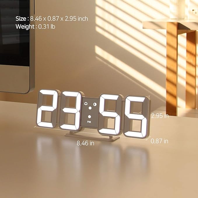 mooas 3D Pure Mini White LED Clock, Multi-Function LED Clock (Calendar, Alarm, Temperature) (8.5" White Table Alarm Clock)